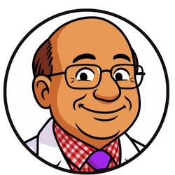 Cartoon illustration of a man with glasses and a lab coat, featuring the brand 'Dr. Om's' with a purple flower logo.