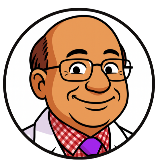 Cartoon illustration of a man with glasses and a lab coat, featuring the brand 'Dr. Om's' with a purple flower logo.